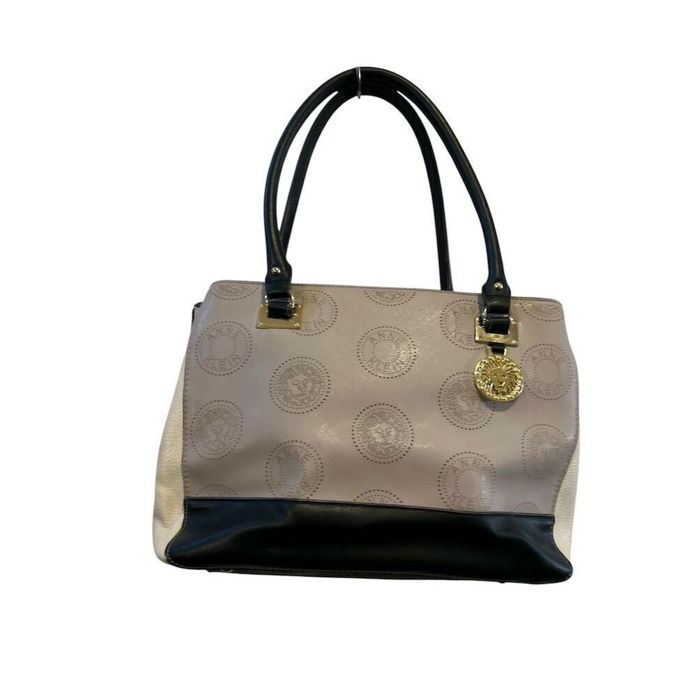 Anne Klein Women's Monogram Tote Bag Black Beige Gold Lion Accent